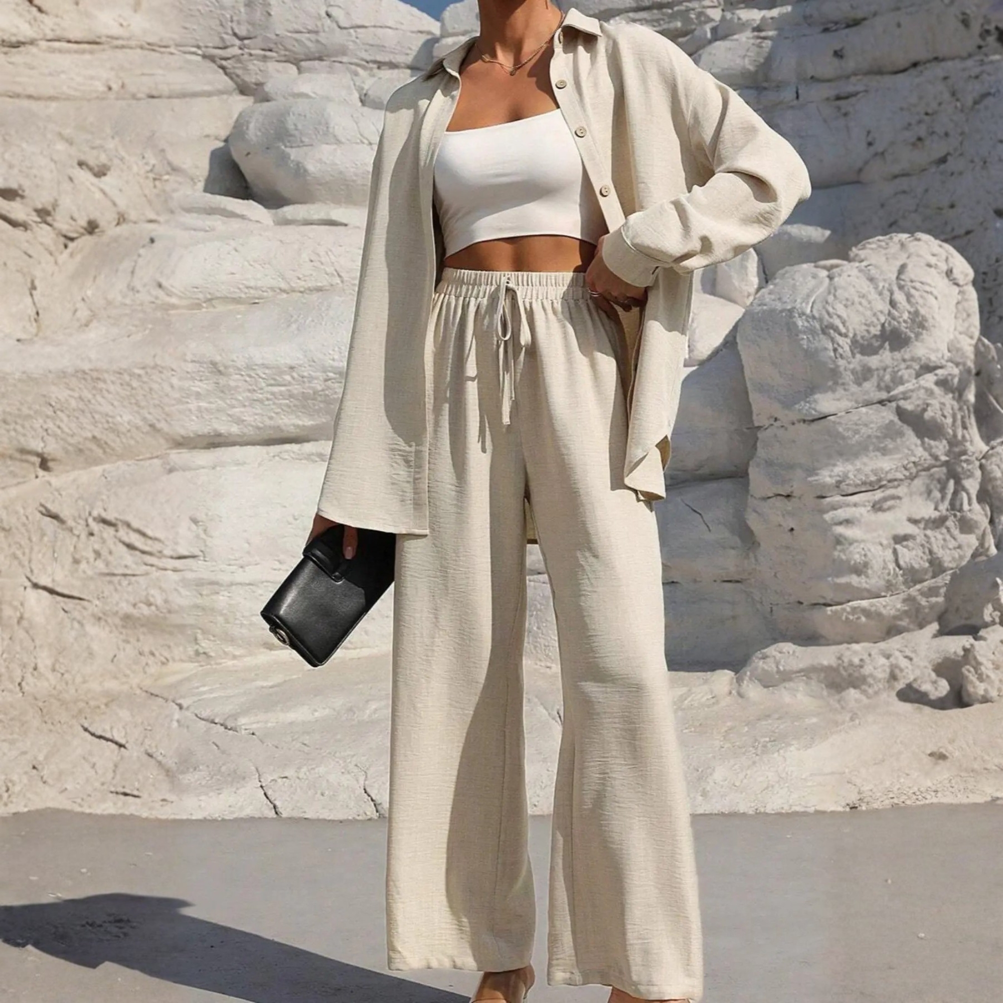 Two Piece Set With Shirt Tie And Front Wide Pants For Women