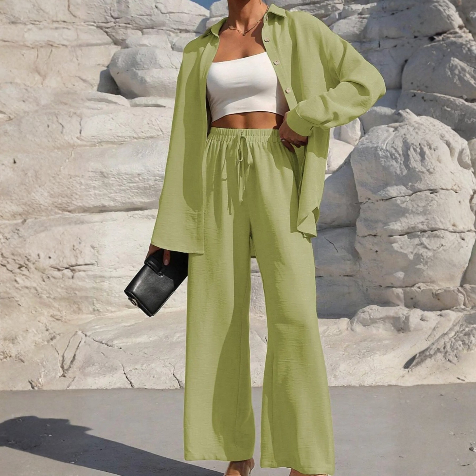 Two Piece Set With Shirt Tie And Front Wide Pants For Women