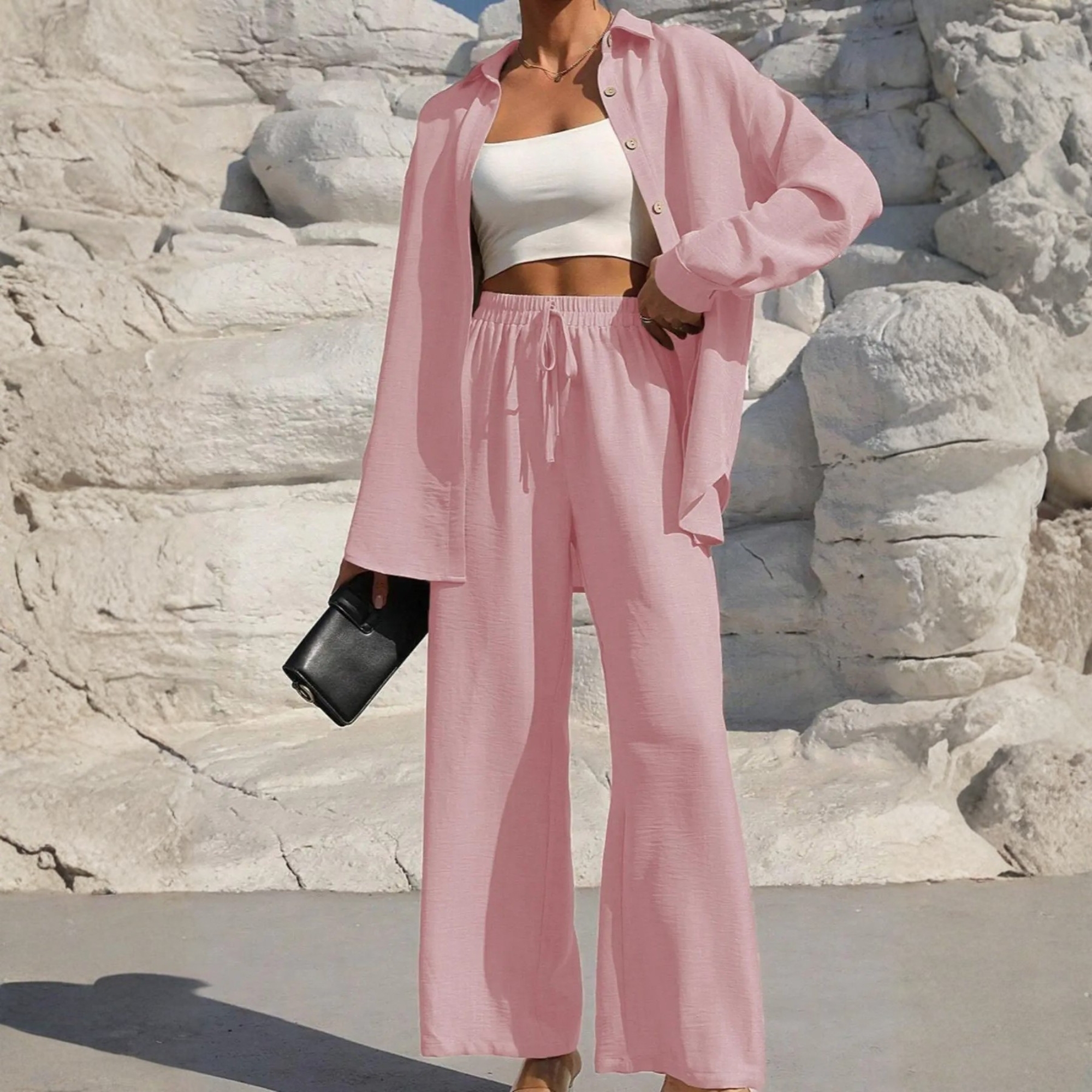 Two Piece Set With Shirt Tie And Front Wide Pants For Women