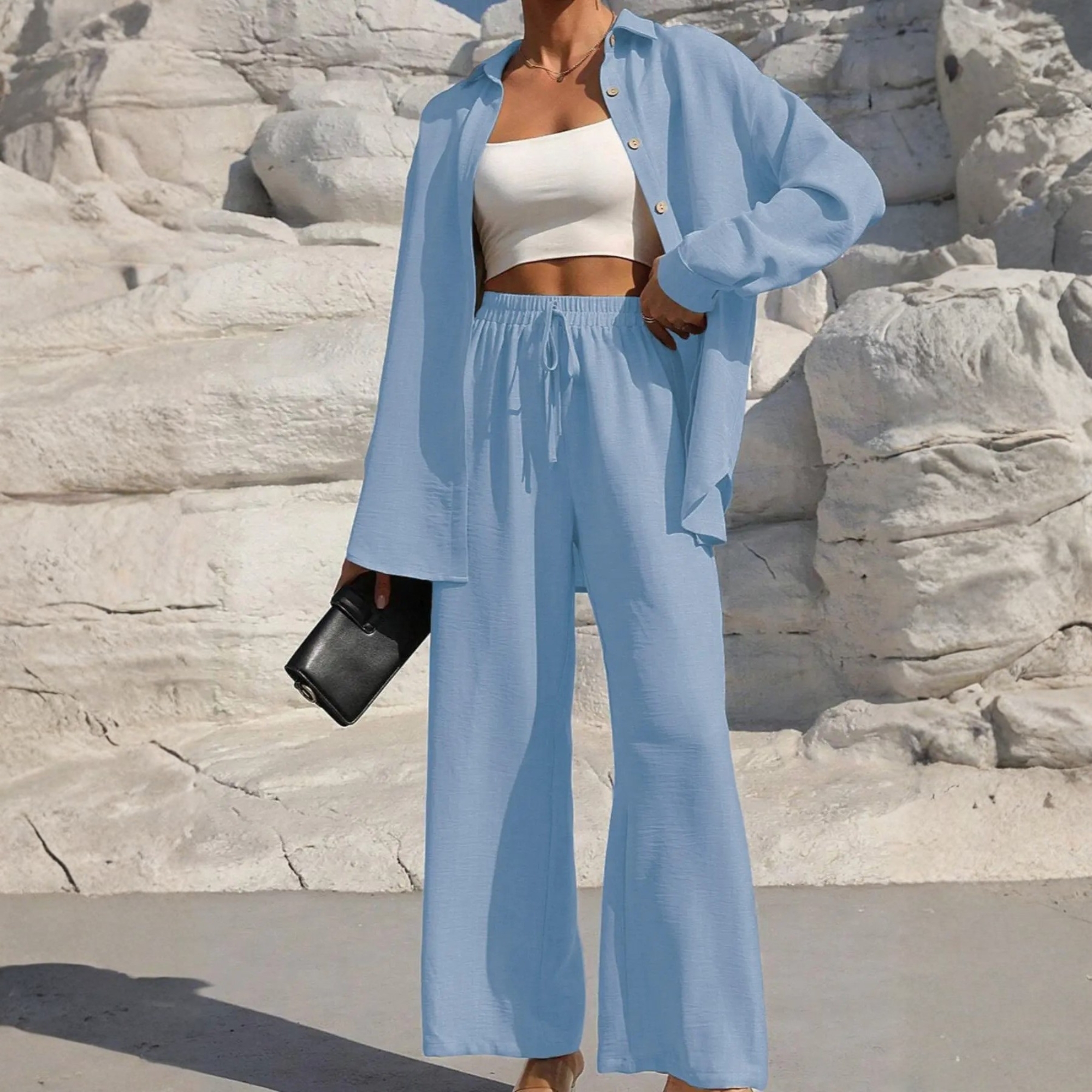 Two Piece Set With Shirt Tie And Front Wide Pants For Women