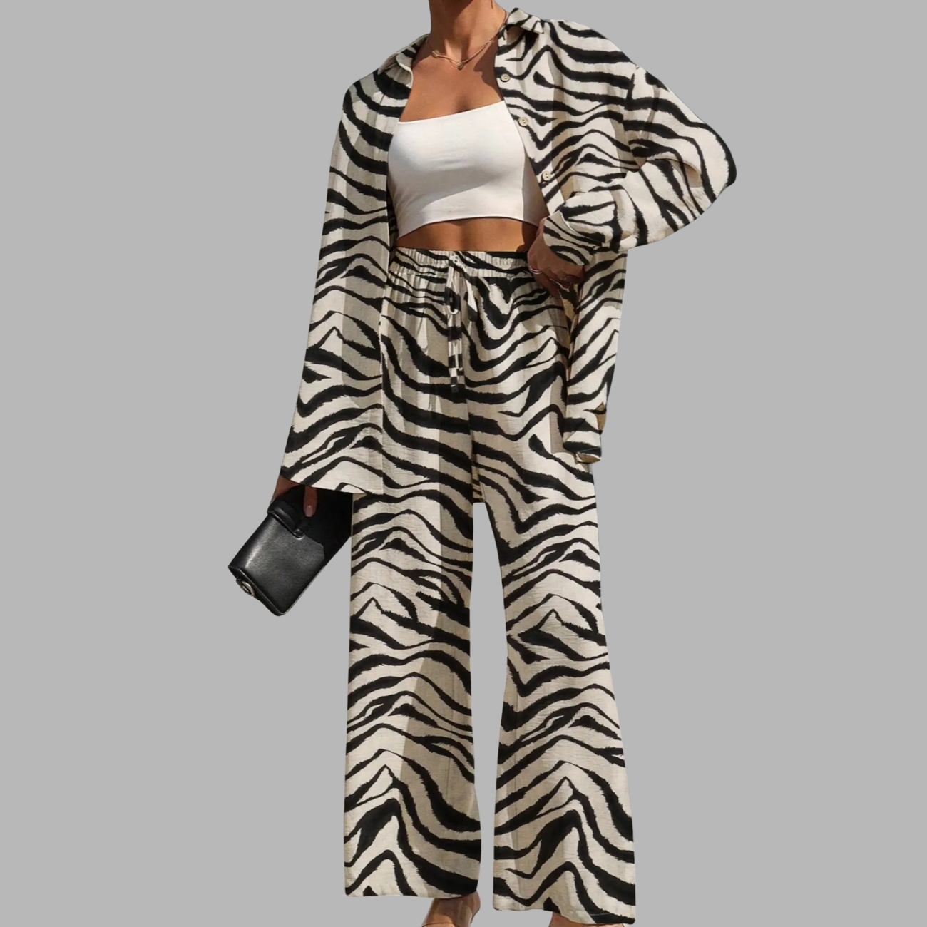 Two Piece Set With Solid Button Front Shirt And Tie Front Wide Pants For Women