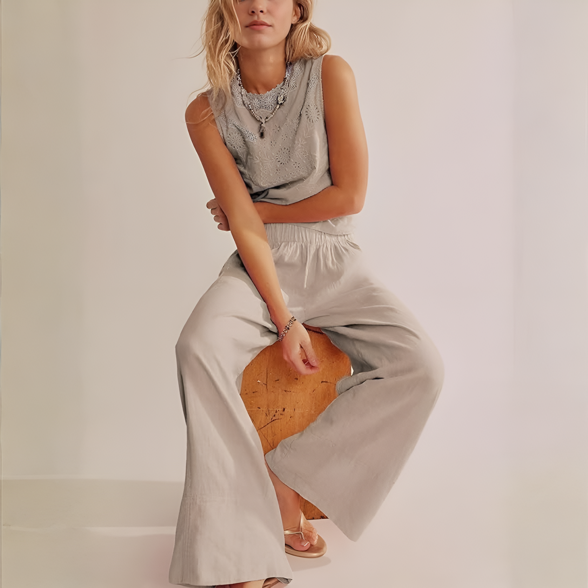 Wide Fit Baggy Casual Palazzo Pants With Pockets For Women – side profile view