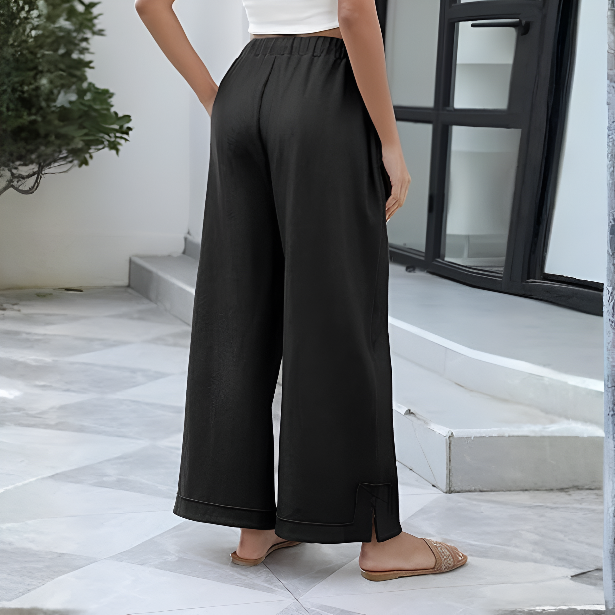 Loose Fit Drawstring Wide Trousers – model wearing view