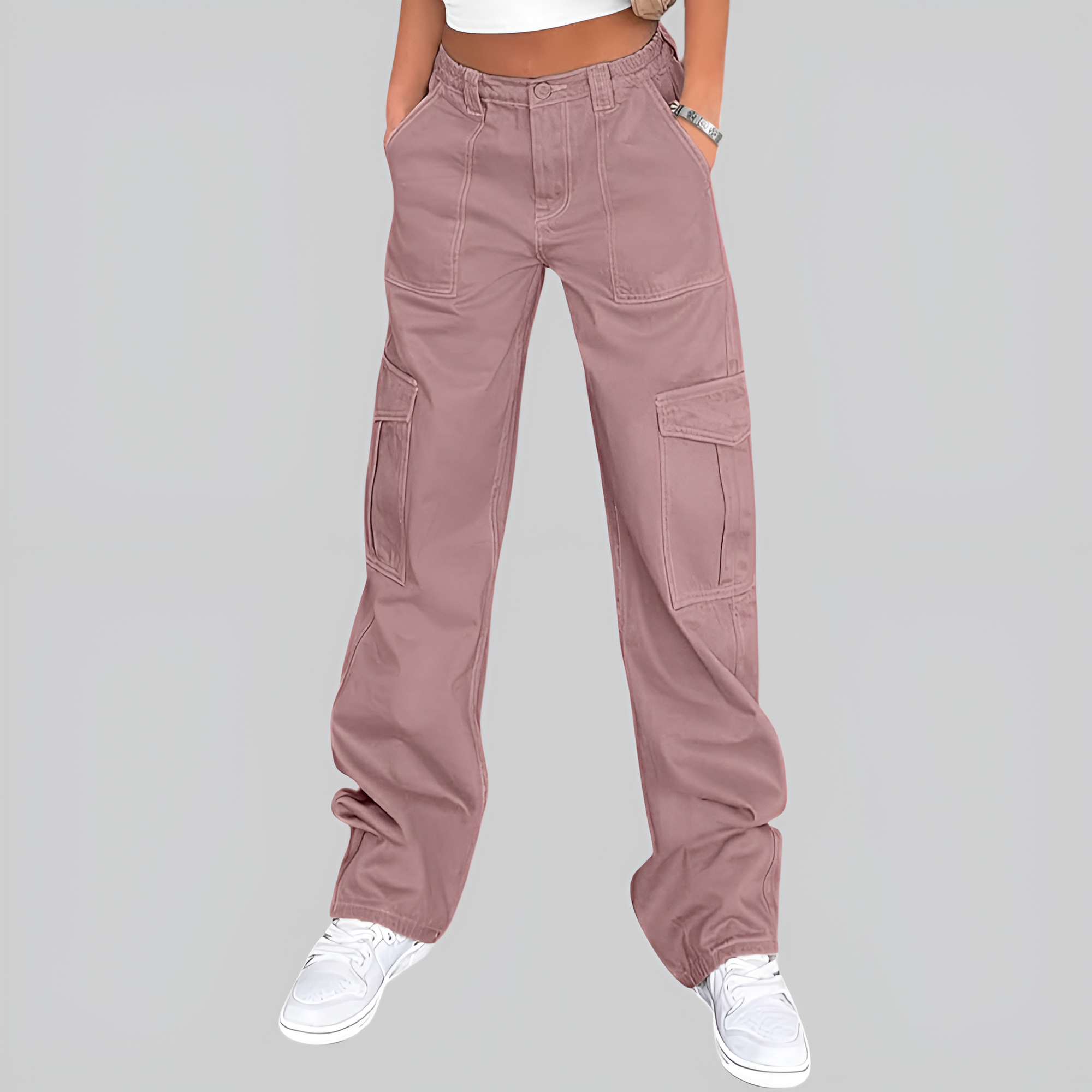 High Rise Casual Baggy And Stretchy Wide Fit Cargo Pants For Women  – full length outfit view