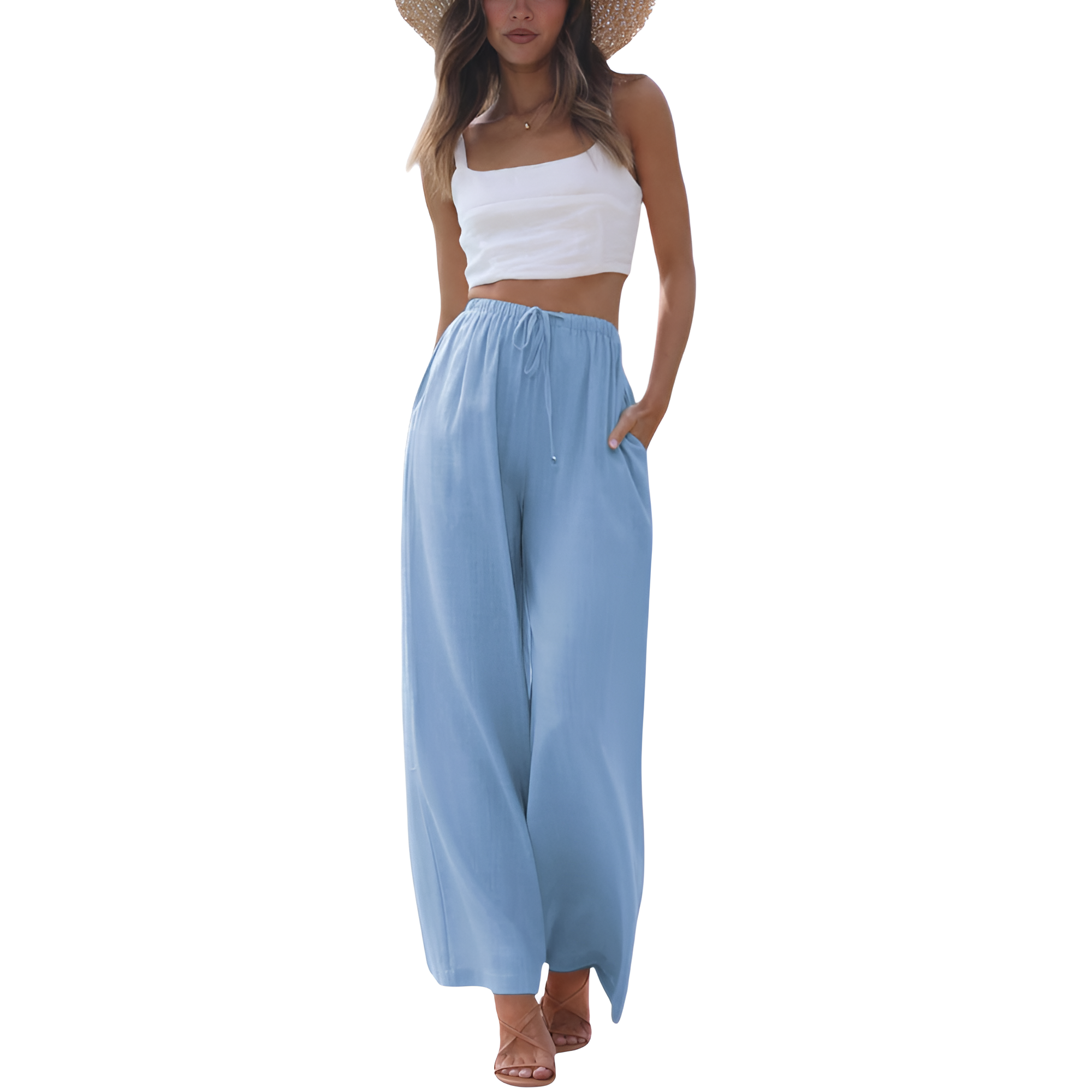 Flowy Summer Wide Fit Beach Palazzo Pants With Pockets For Women – lifestyle view 14
