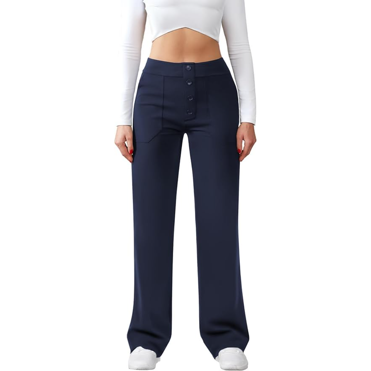 High Rise Straight Pants With Button Detail And Pocket For Women – lifestyle view 11