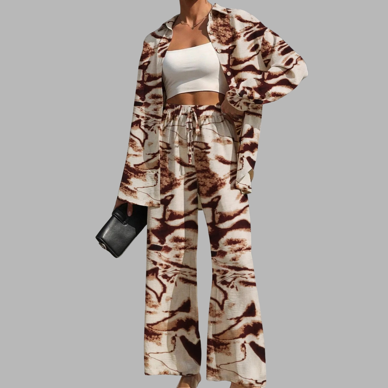 Two Piece Set With Solid Button Front Shirt And Tie Front Wi - Outdoor A – full length outfit view