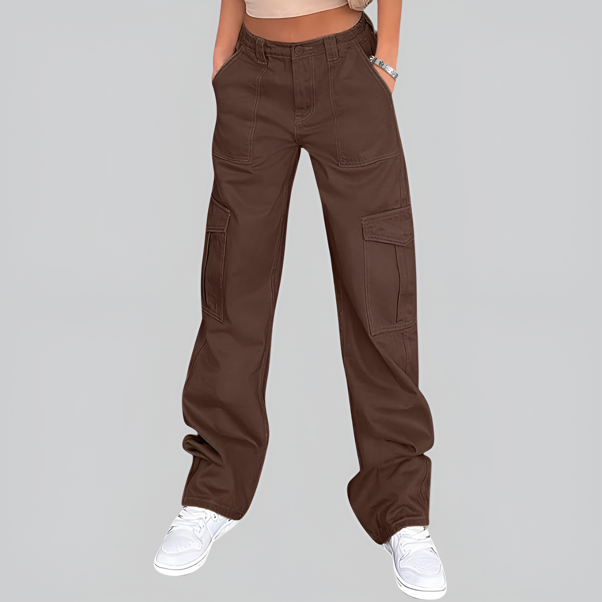 High Rise Casual Baggy And Stretchy Wide Fit Cargo Pants For Women  – styled outfit view