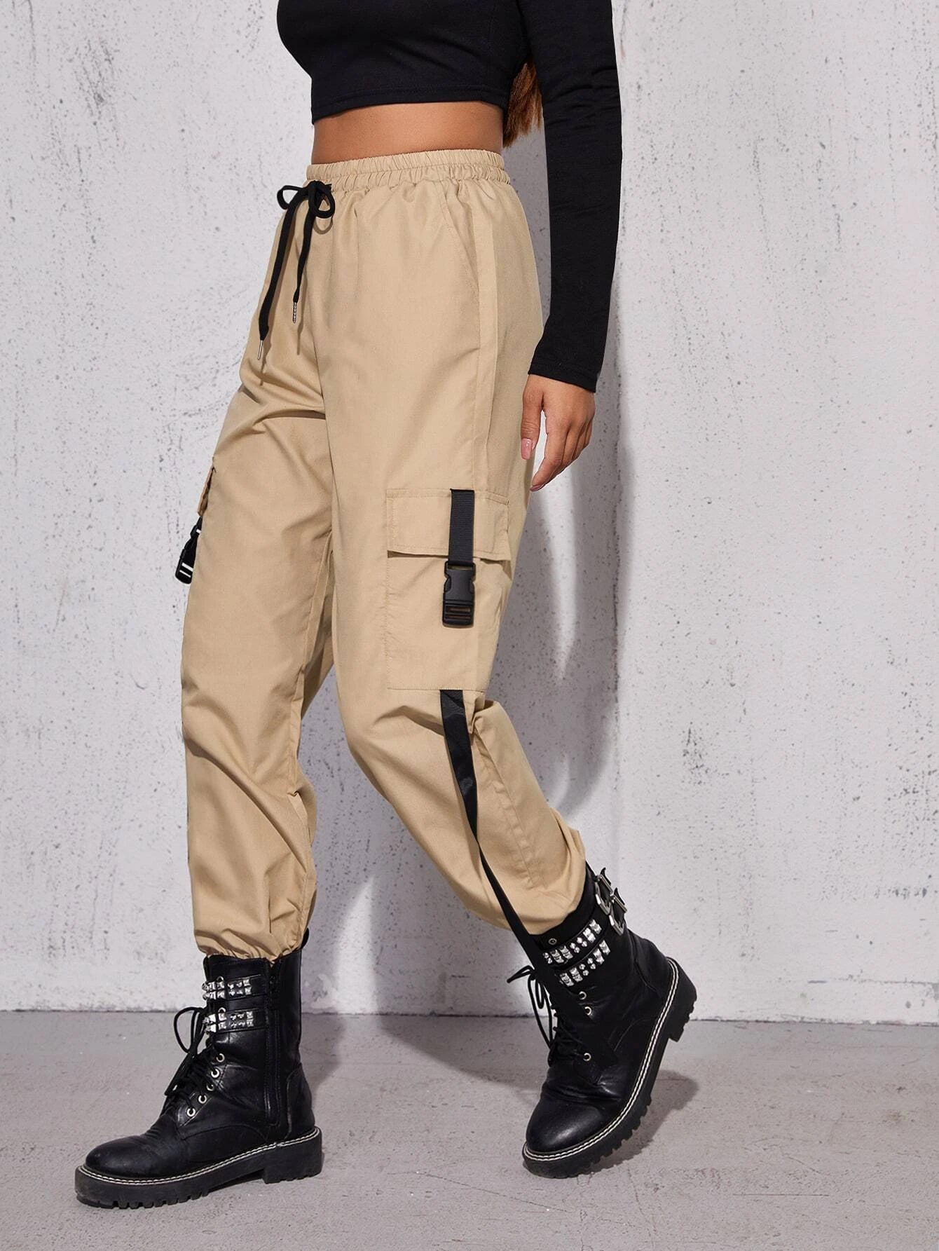 Tape Drawstring Waist Cargo Pants – model wearing view