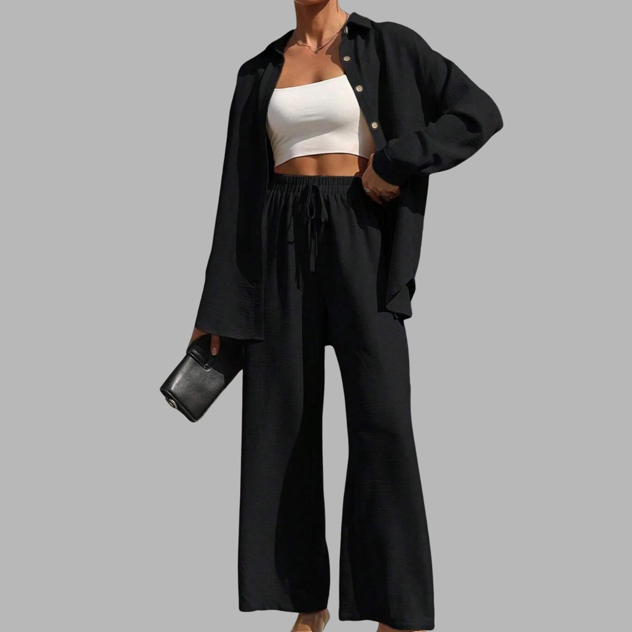 Two Piece Set With Solid Button Front Shirt And Tie Front Wide Pants For Women