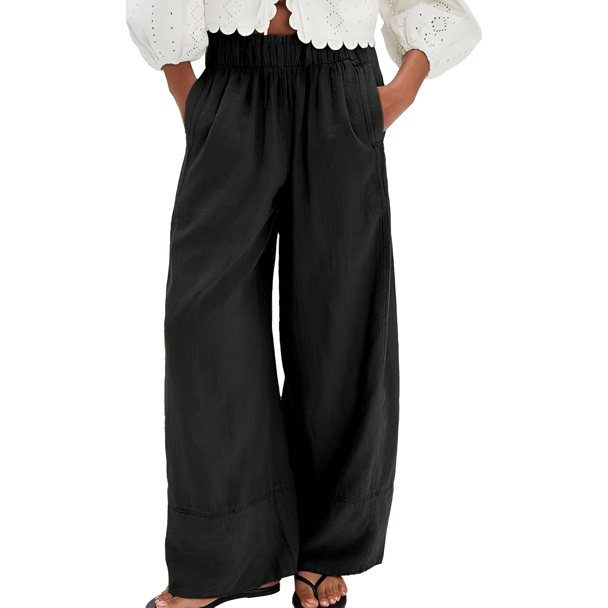 Wide Fit Baggy Casual Palazzo Pants With Pockets For Women – model wearing view