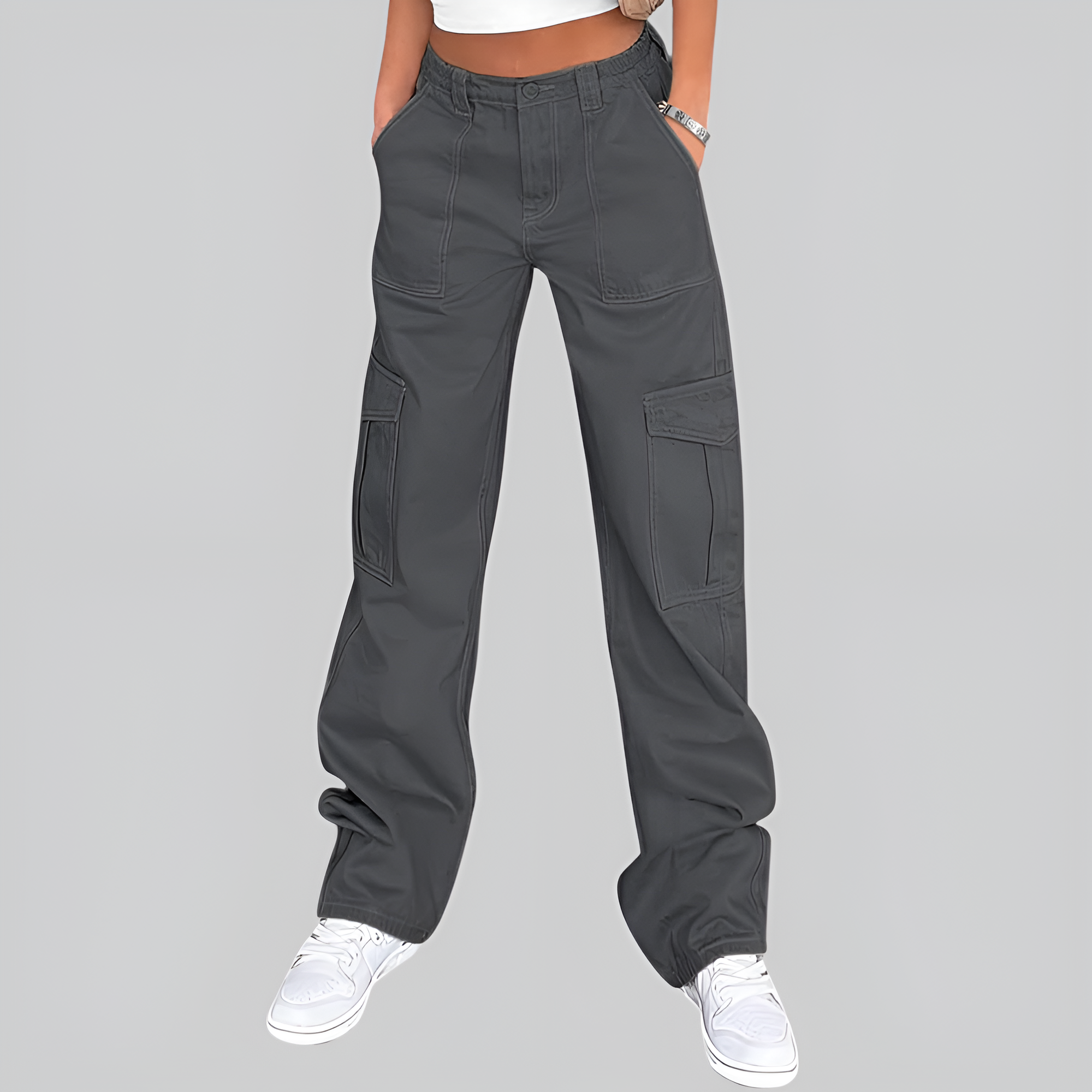 High Rise Casual Baggy And Stretchy Wide Fit Cargo Pants For Women  – model wearing view