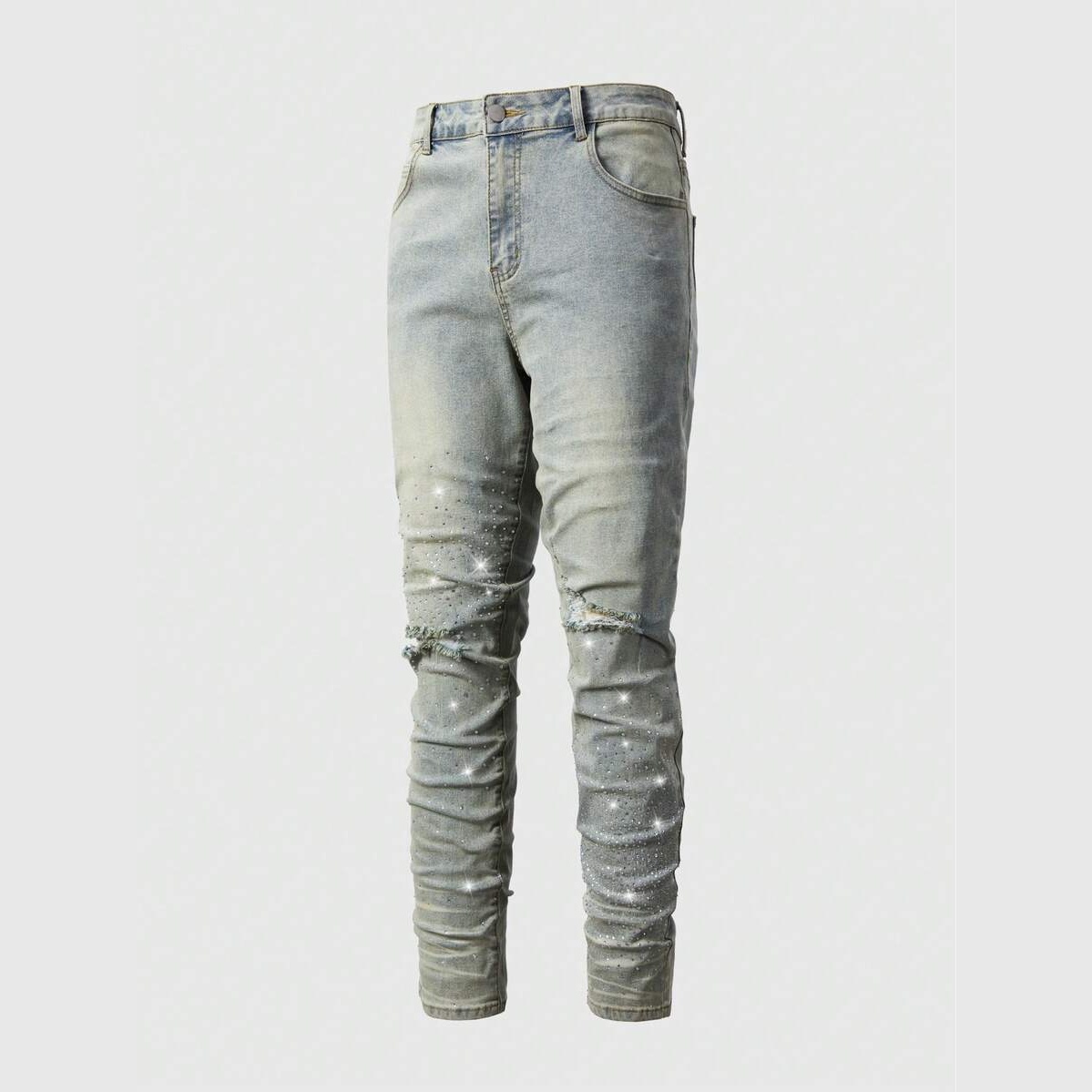 Vintage Washed Distressed Jeans With Rhinestone Decor For Men