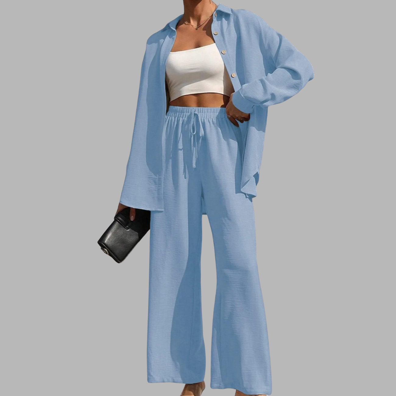 Two Piece Set With Solid Button Front Shirt And Tie Front Wide Pants For Women