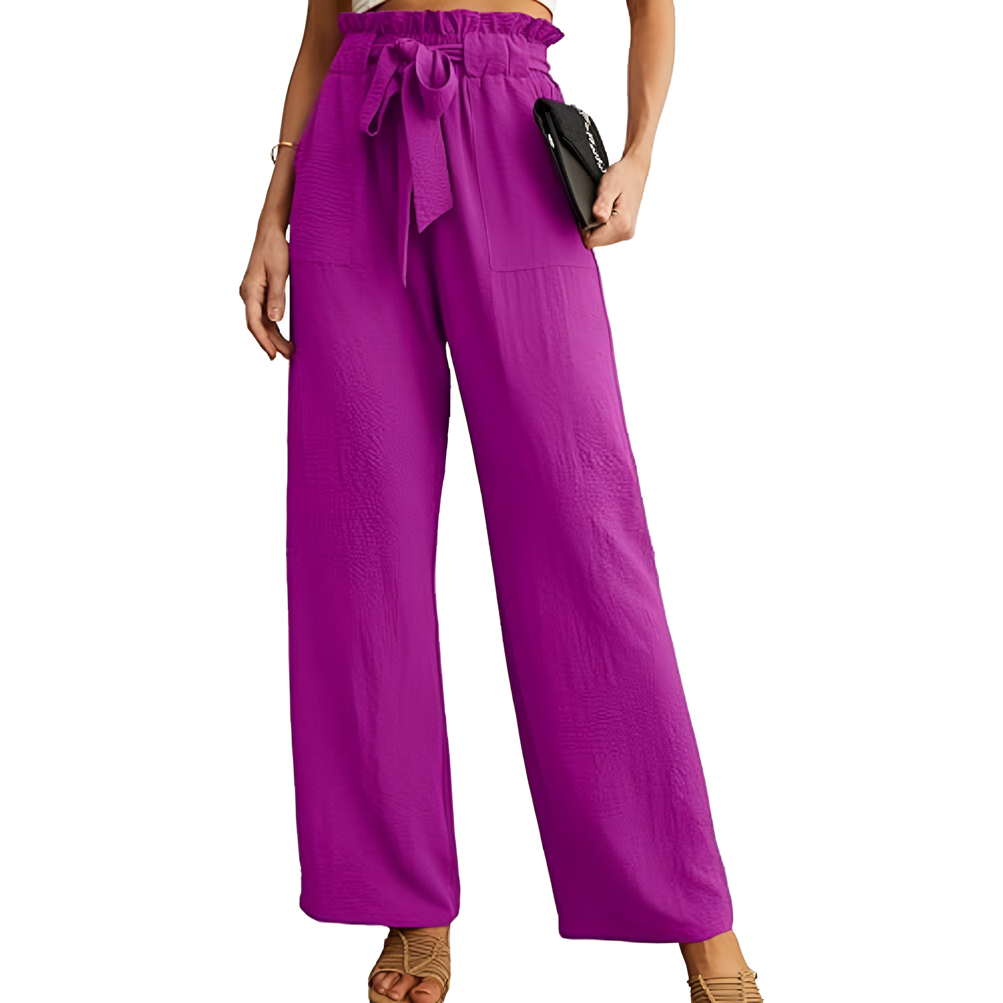 High Rise Adjustable Wide Fit Casual Trousers With Pockets For Women – model wearing view