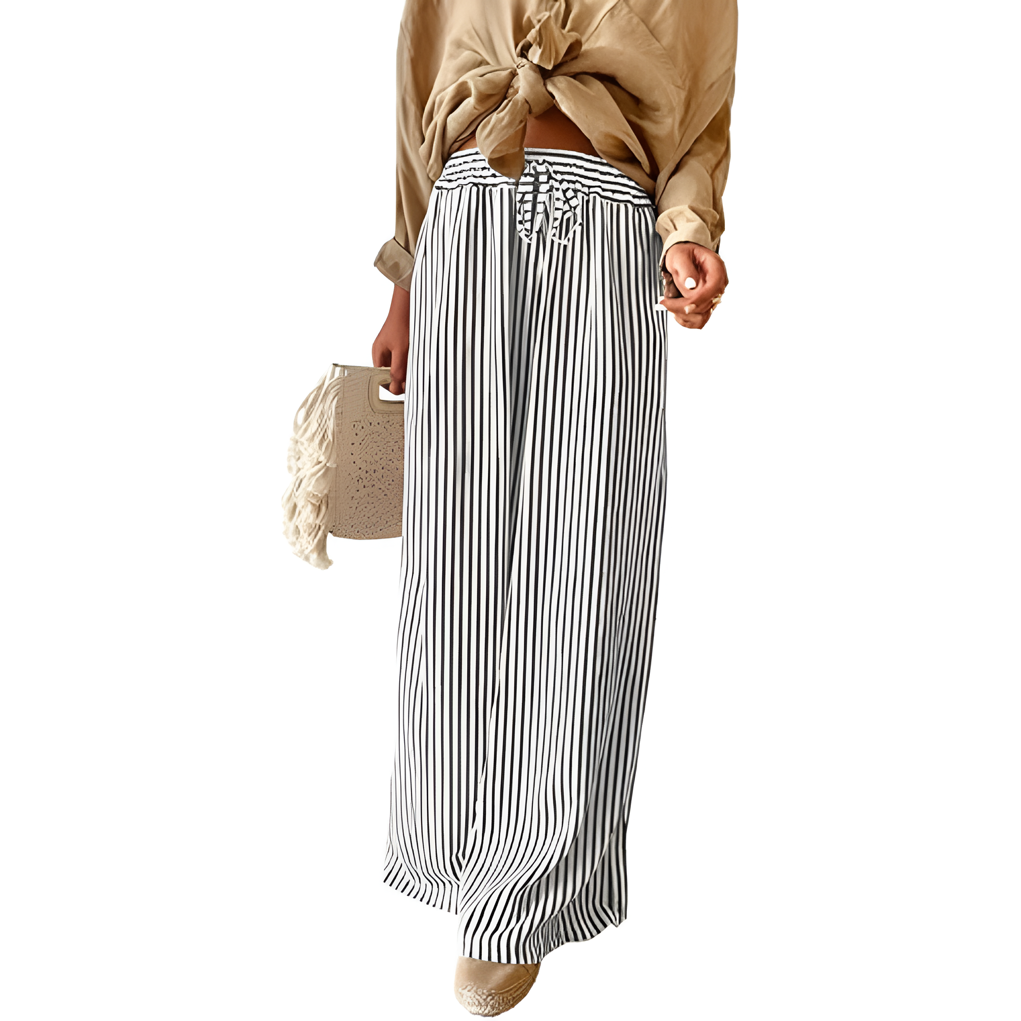 Striped Design Wide Fit Casual Summer Pants For Women – model wearing view