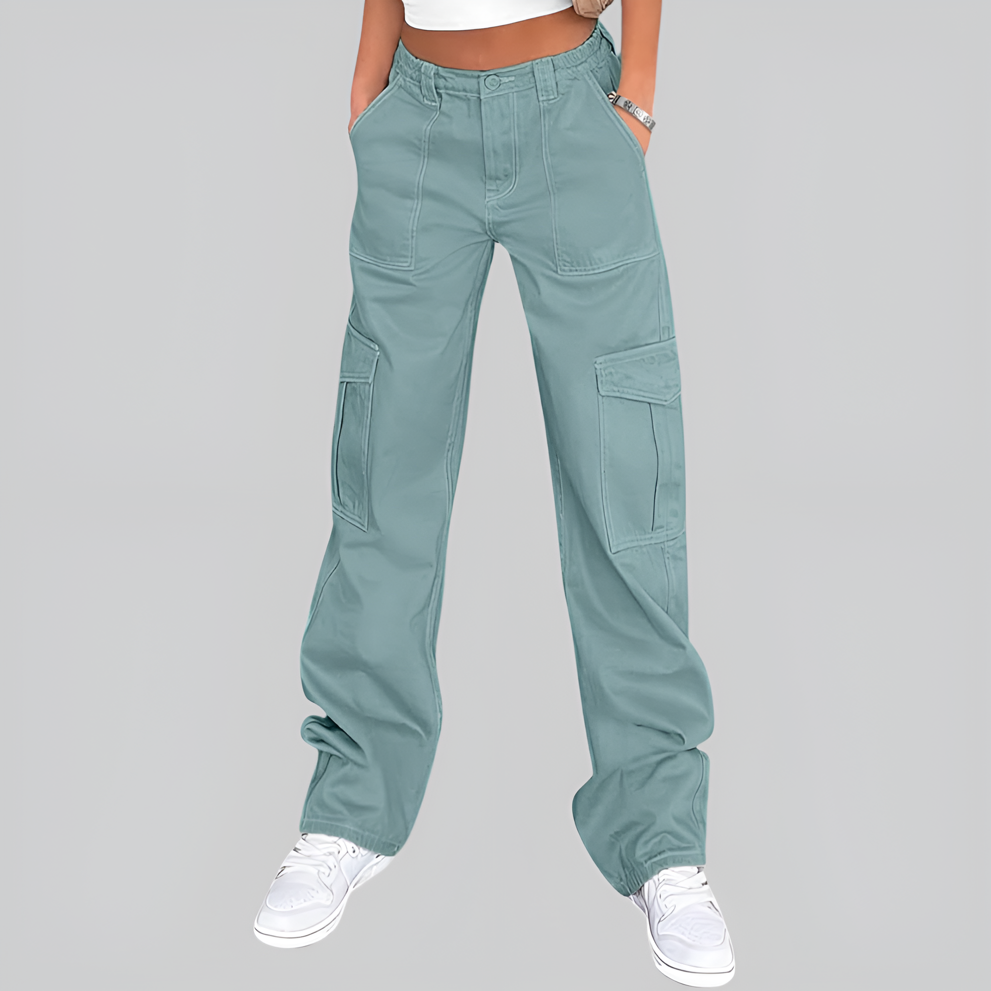 High Rise Casual Baggy And Stretchy Wide Fit Cargo Pants For Women  – lifestyle view 11