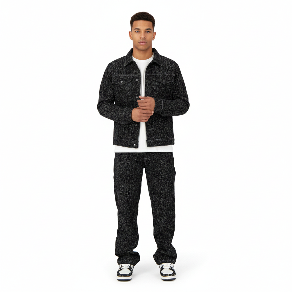 Boucle Denim Pants With Speckled Texture And Straight Baggy Fit