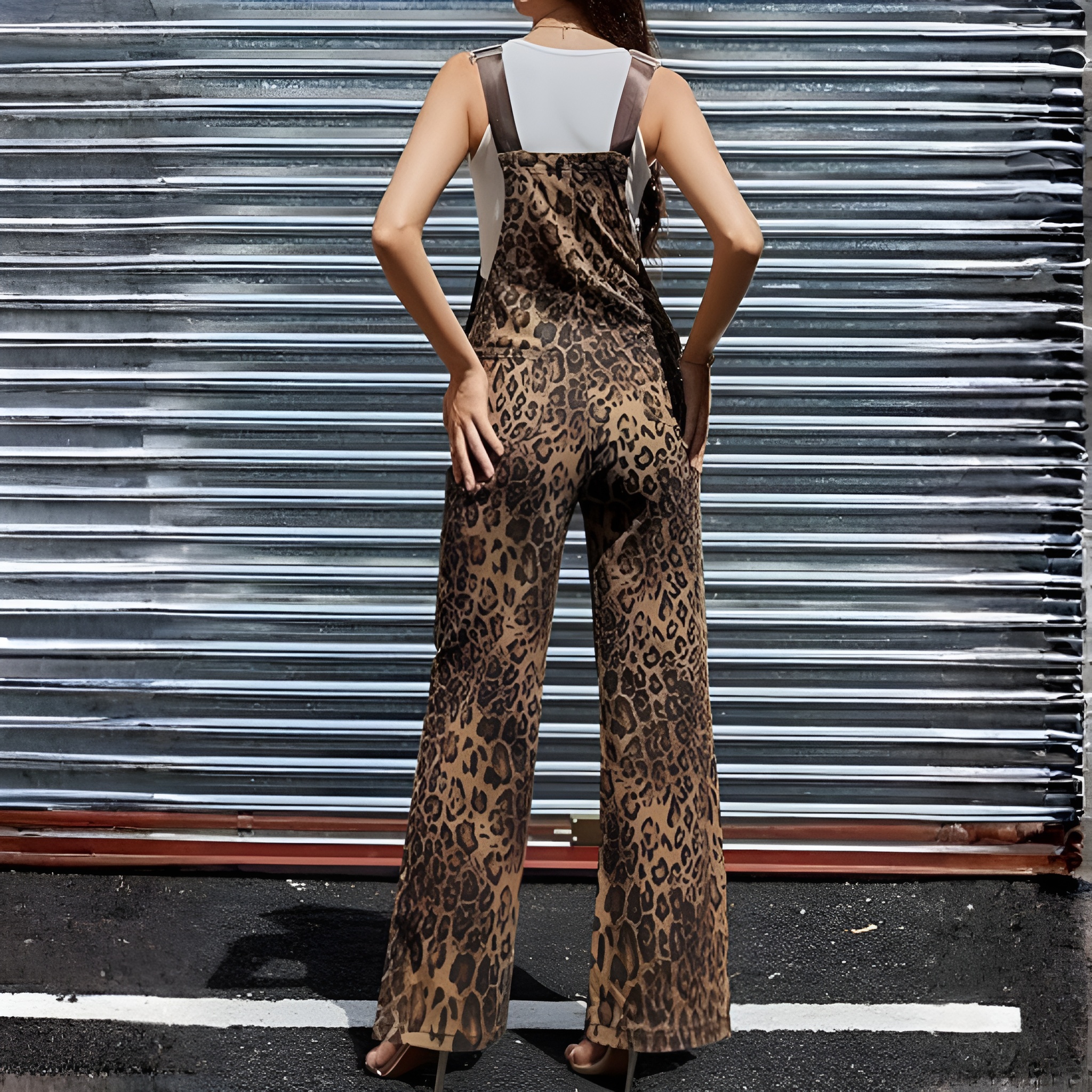 Leopard Print Bib Style Casual Overalls – side profile view