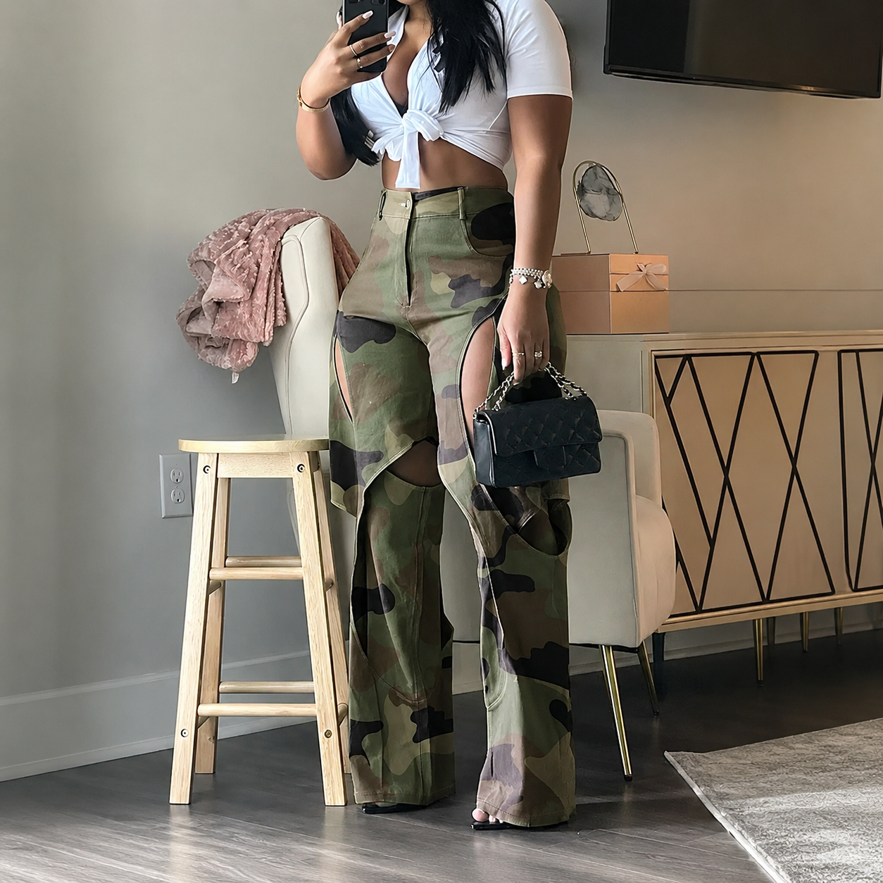Casual Camo Print Streetwear Pants With Zipper And Button For Women