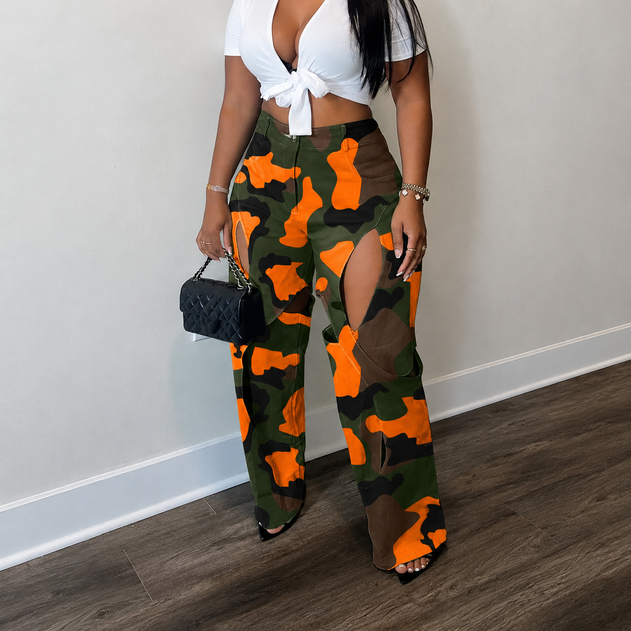 Casual Camo Print Streetwear Pants With Zipper And Button For Women