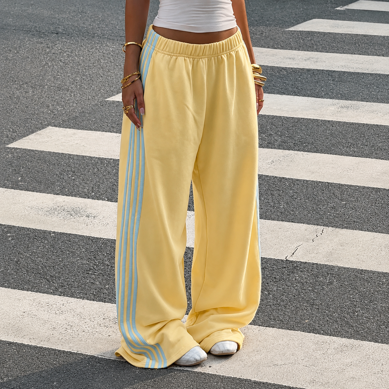 Patchwork Ribbon Casual Wide Flare Sweatpants For Women