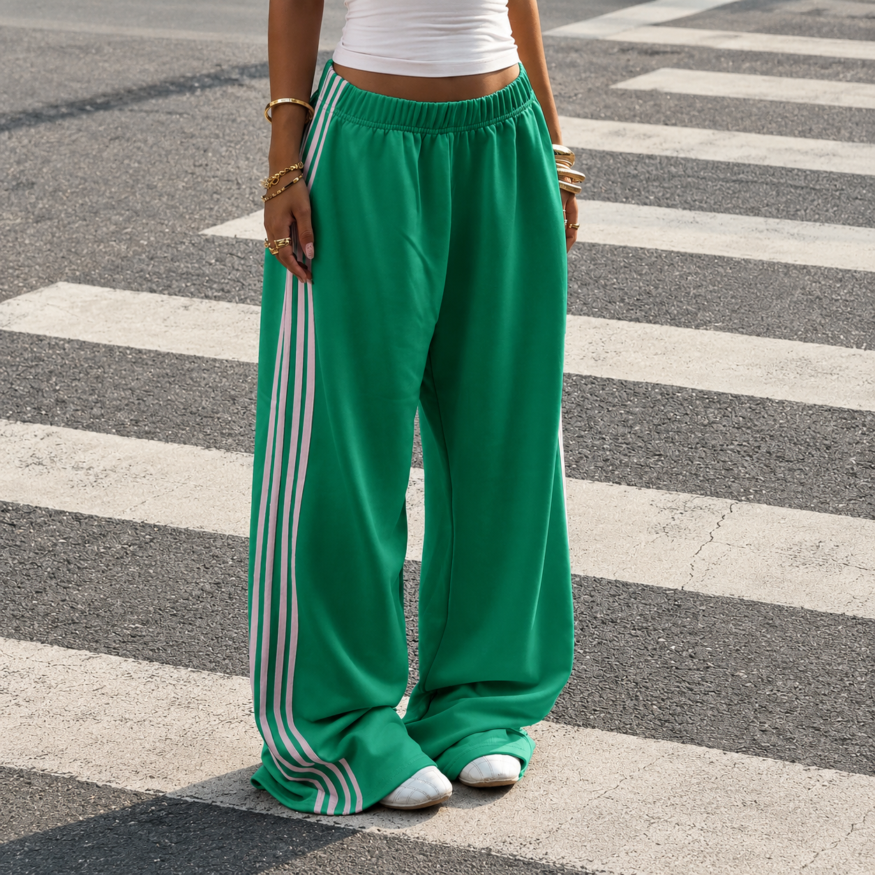 Patchwork Ribbon Casual Wide Flare Sweatpants For Women