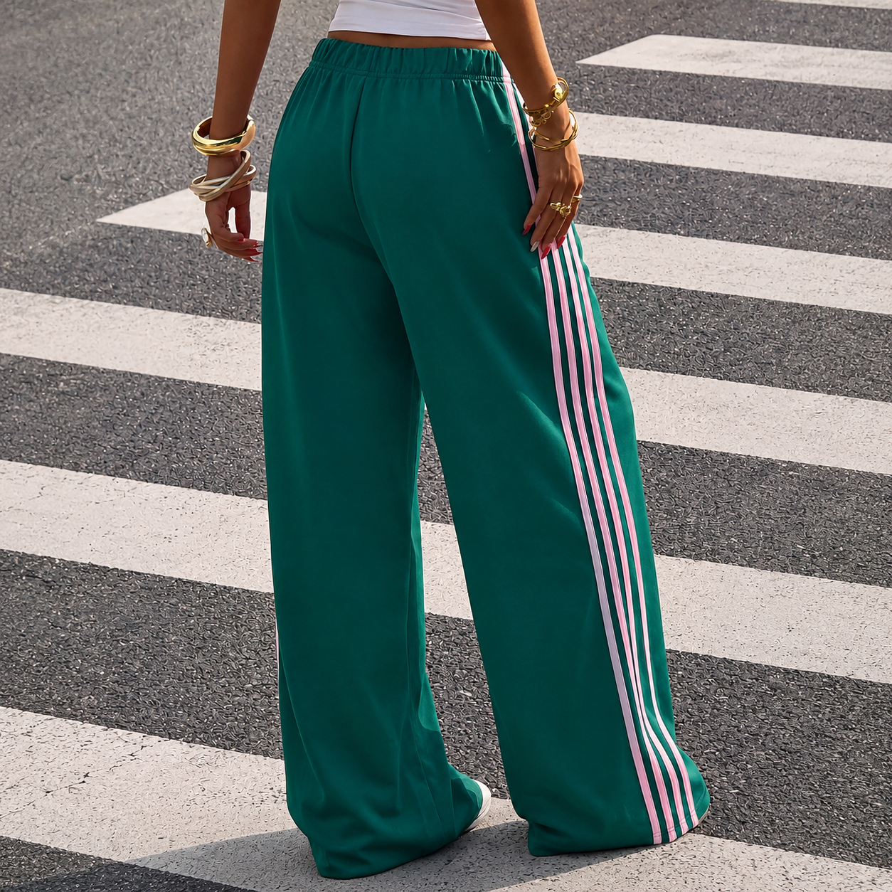 Patchwork Ribbon Casual Wide Flare Sweatpants For Women