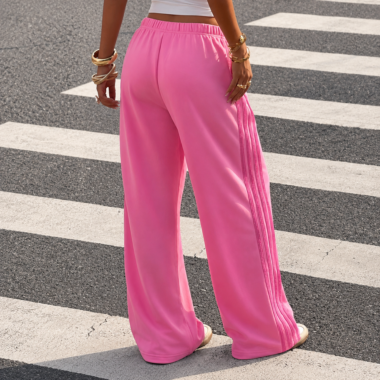 Patchwork Ribbon Casual Wide Flare Sweatpants For Women