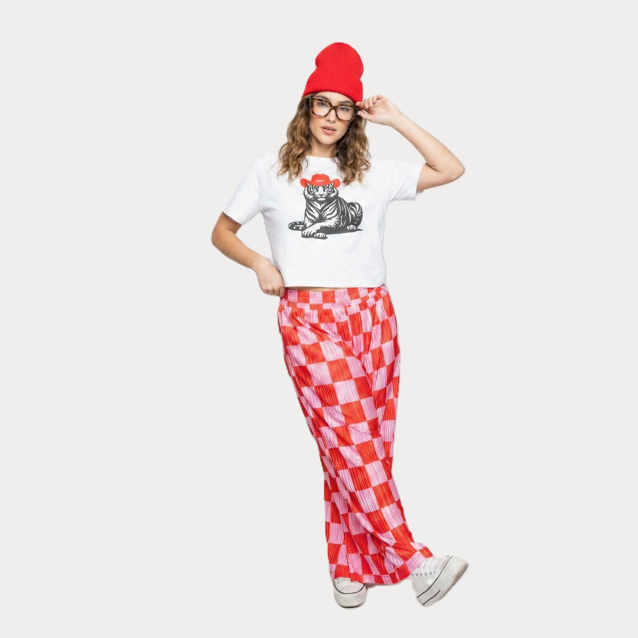Vibrant Checkered Wide Pants For Women – pocket detail close-up