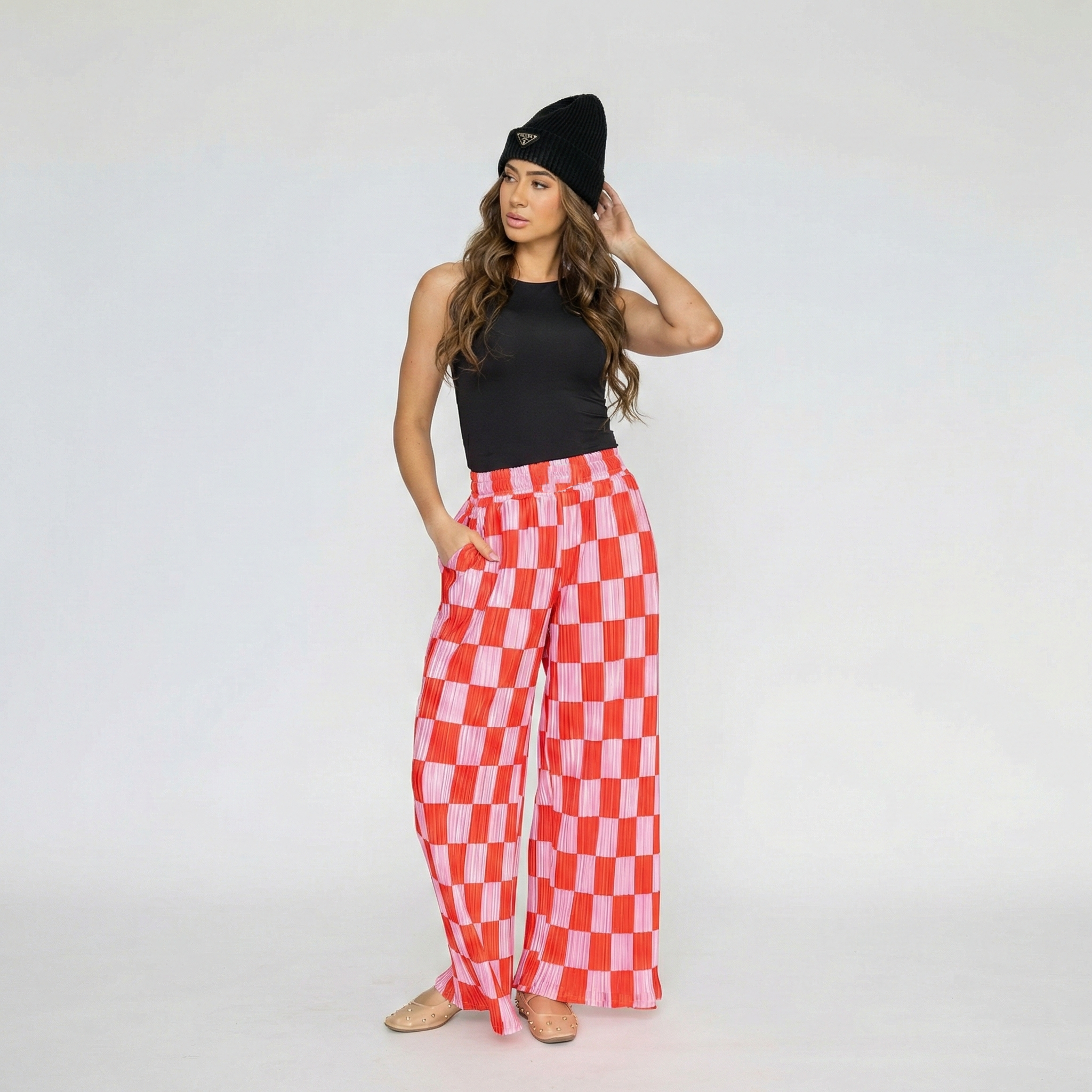 Vibrant Checkered Wide Pants For Women – full length outfit view