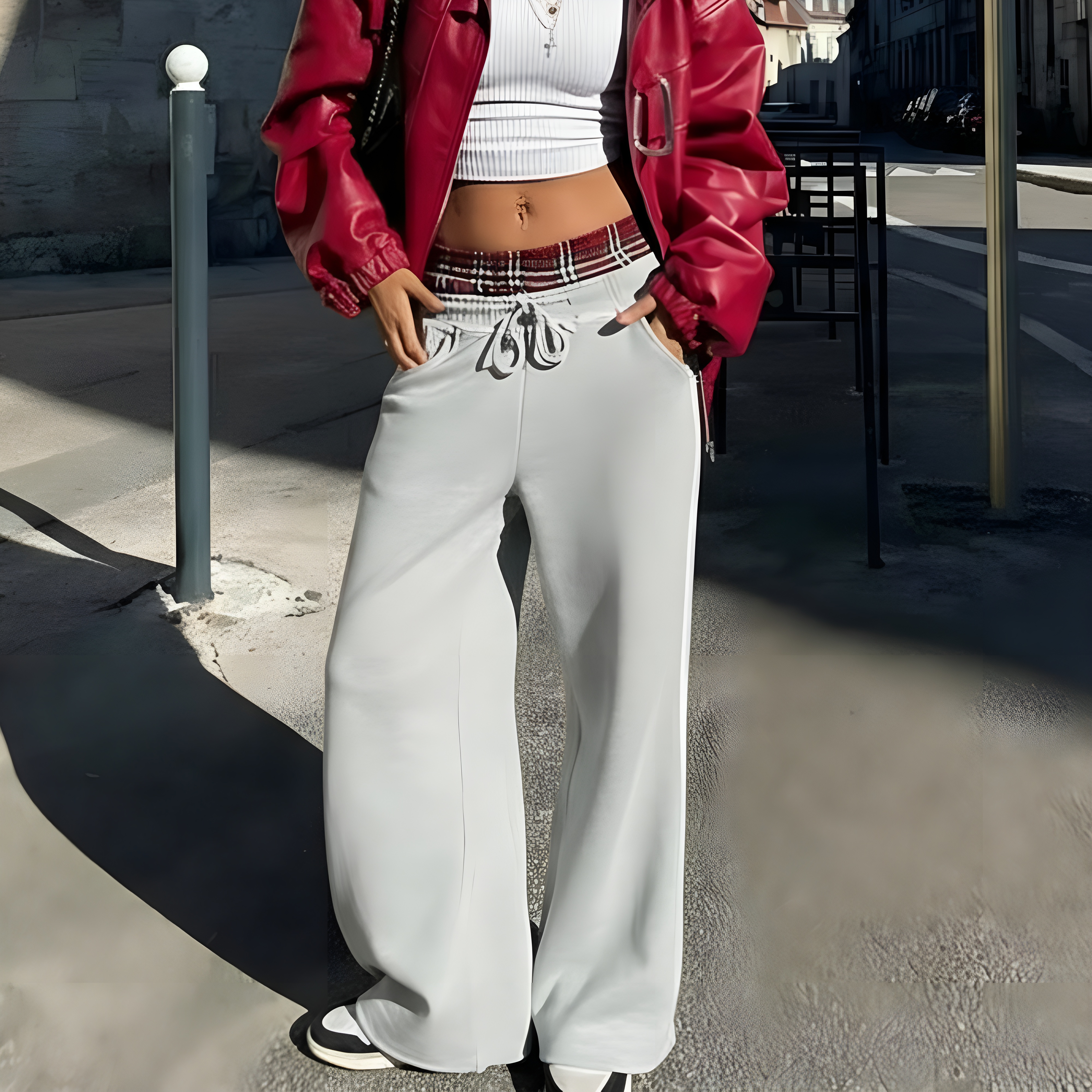 Double Layer Plaid Sweatpants With Patchwork For Women – side profile view