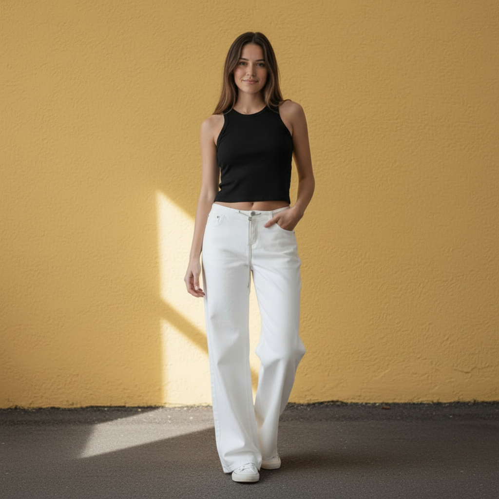 Effortless Vintage Style Low Rise Wide Jeans – full length outfit view
