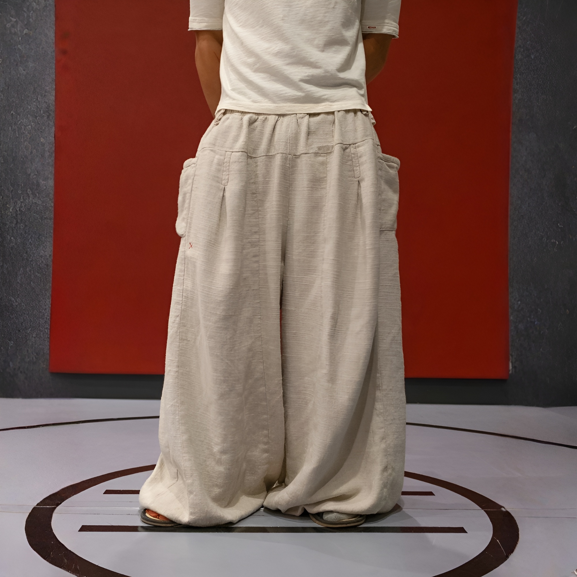 Flax Pleated Wide Pants With Drawstrings – full length outfit view