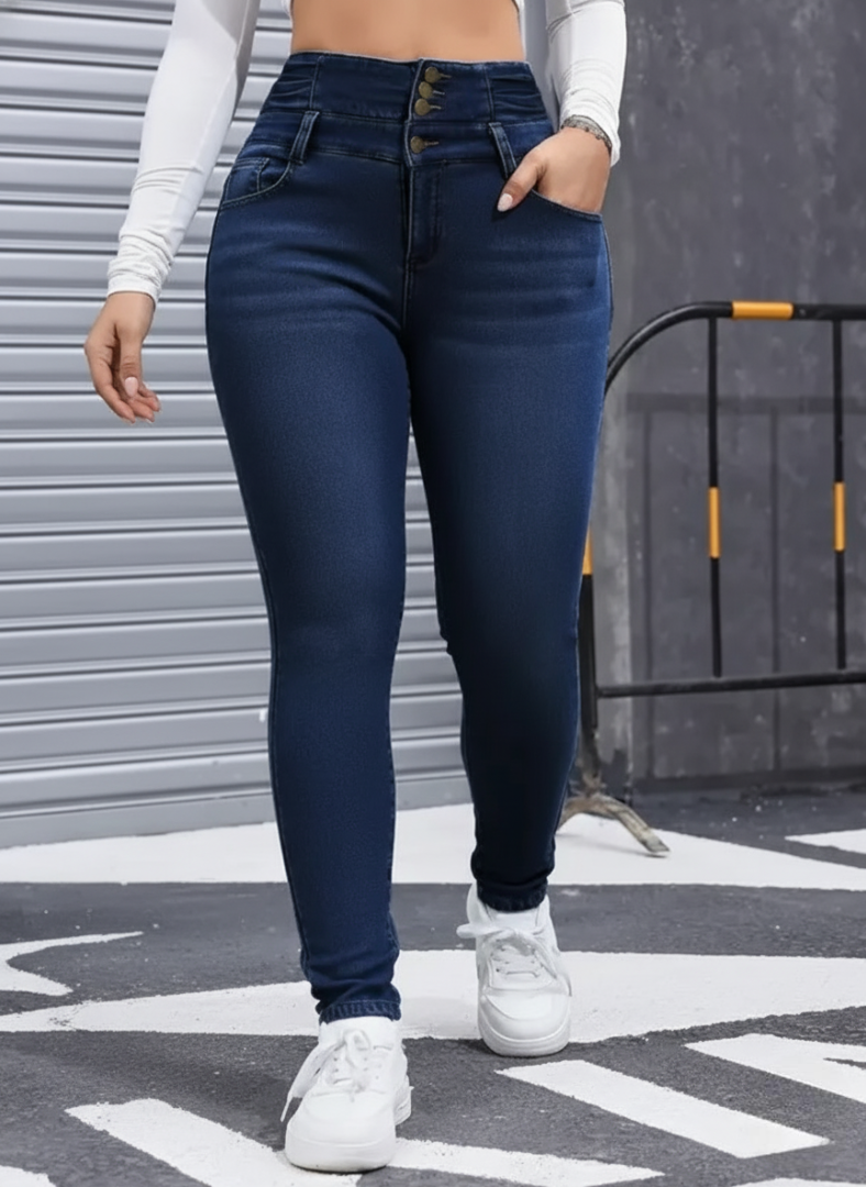 High Elasticity Fleece Lined Thick Denim Jeans For Women - Stretch Comfo – model wearing view