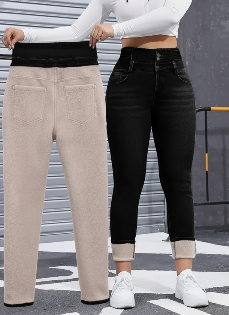 High Elasticity Fleece Lined Thick Denim Jeans For Women - Stretch Comfo – full length outfit view