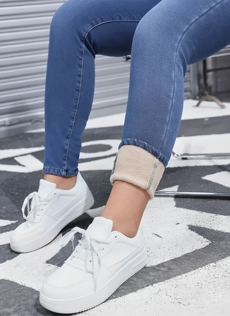 High Elasticity Fleece Lined Thick Denim Jeans For Women - Stretch Comfo – waistband detail