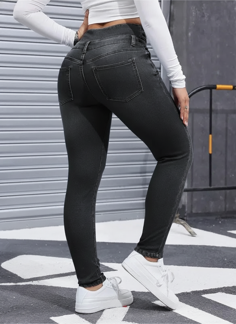 High Elasticity Fleece Lined Thick Denim Jeans For Women - Stretch Comfo – side profile view