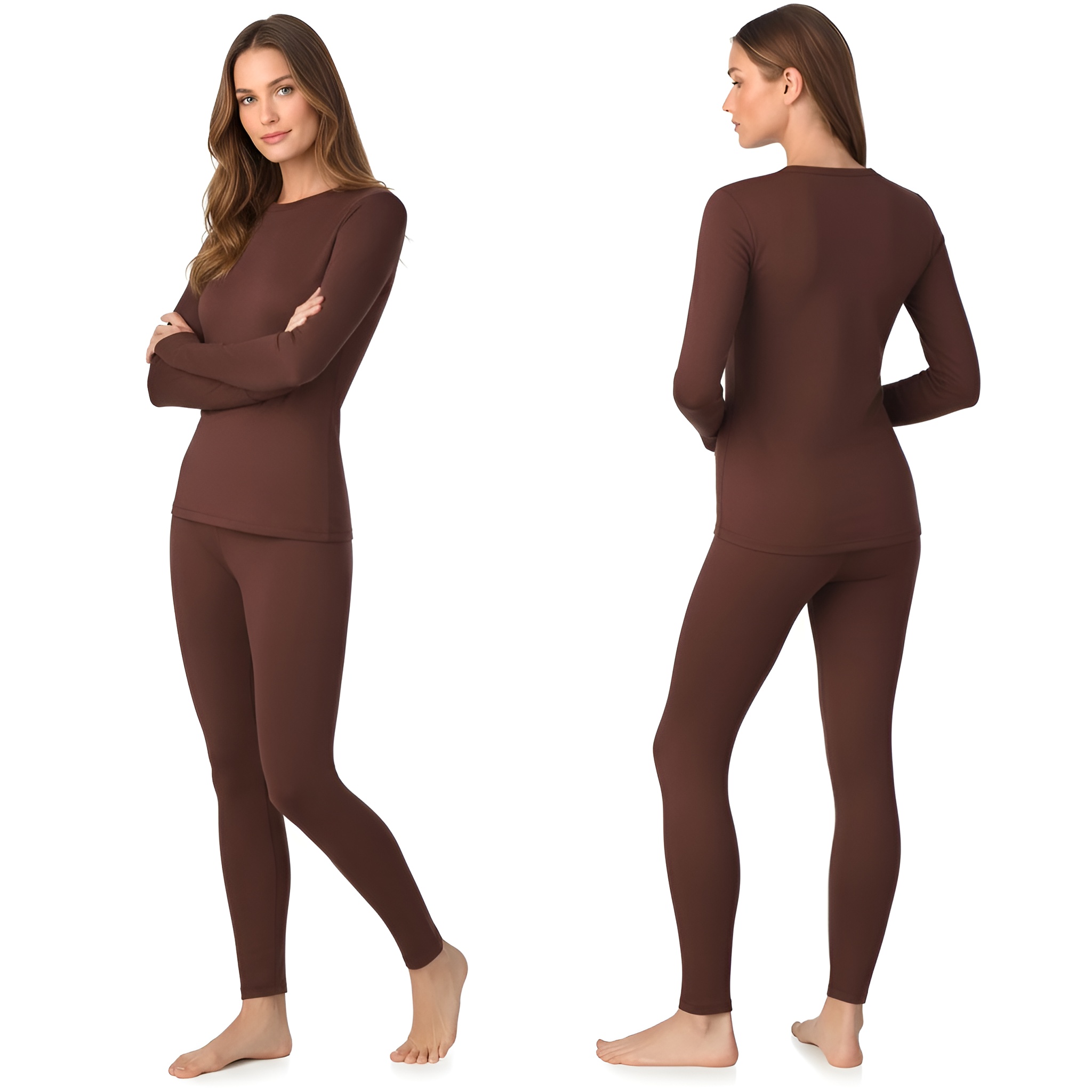 Long Sleeve Fleece Lined Thermal Base Layer Shirt And Leggin – model wearing view