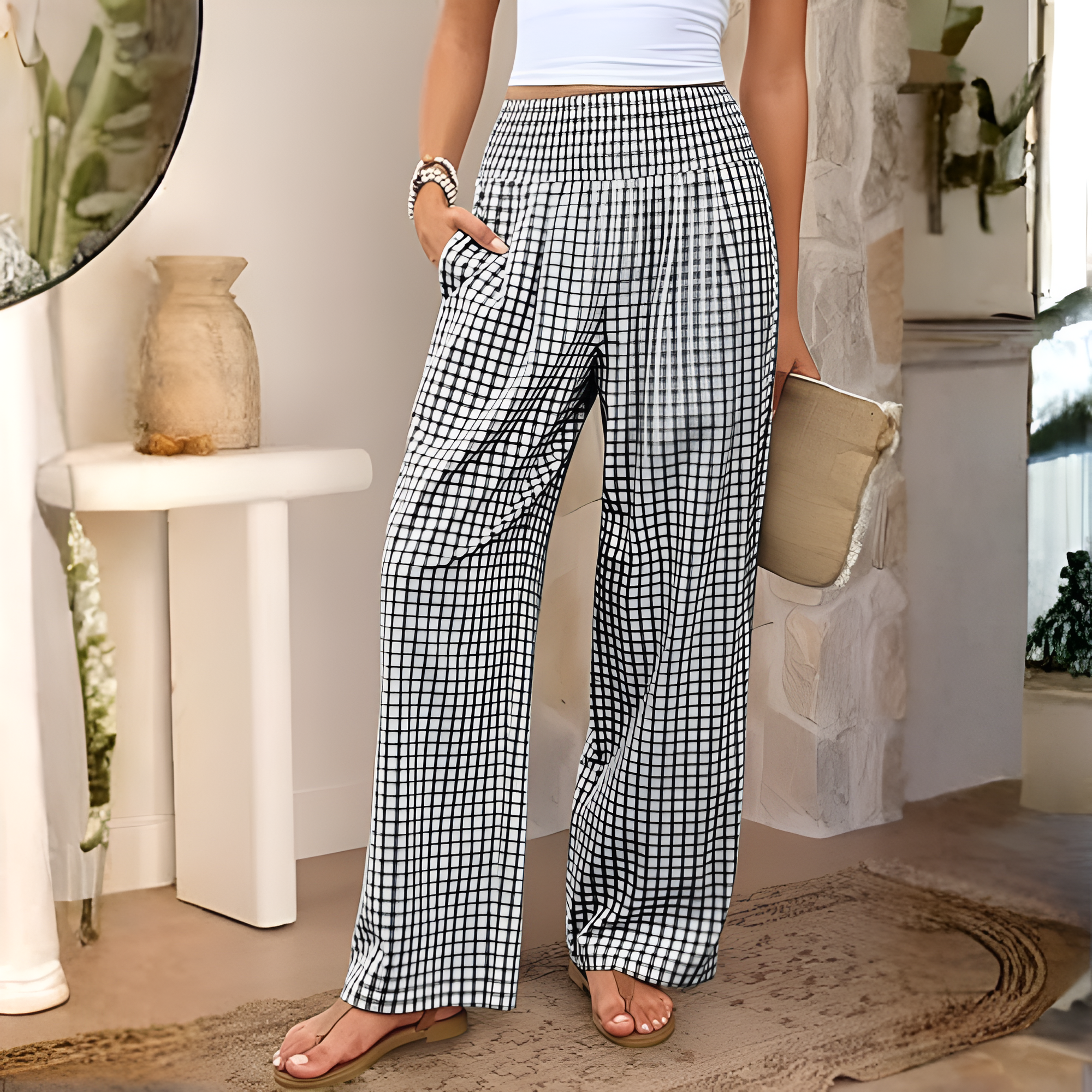 Wide Vertical Gingham Palazzo Pants For Women – side profile view