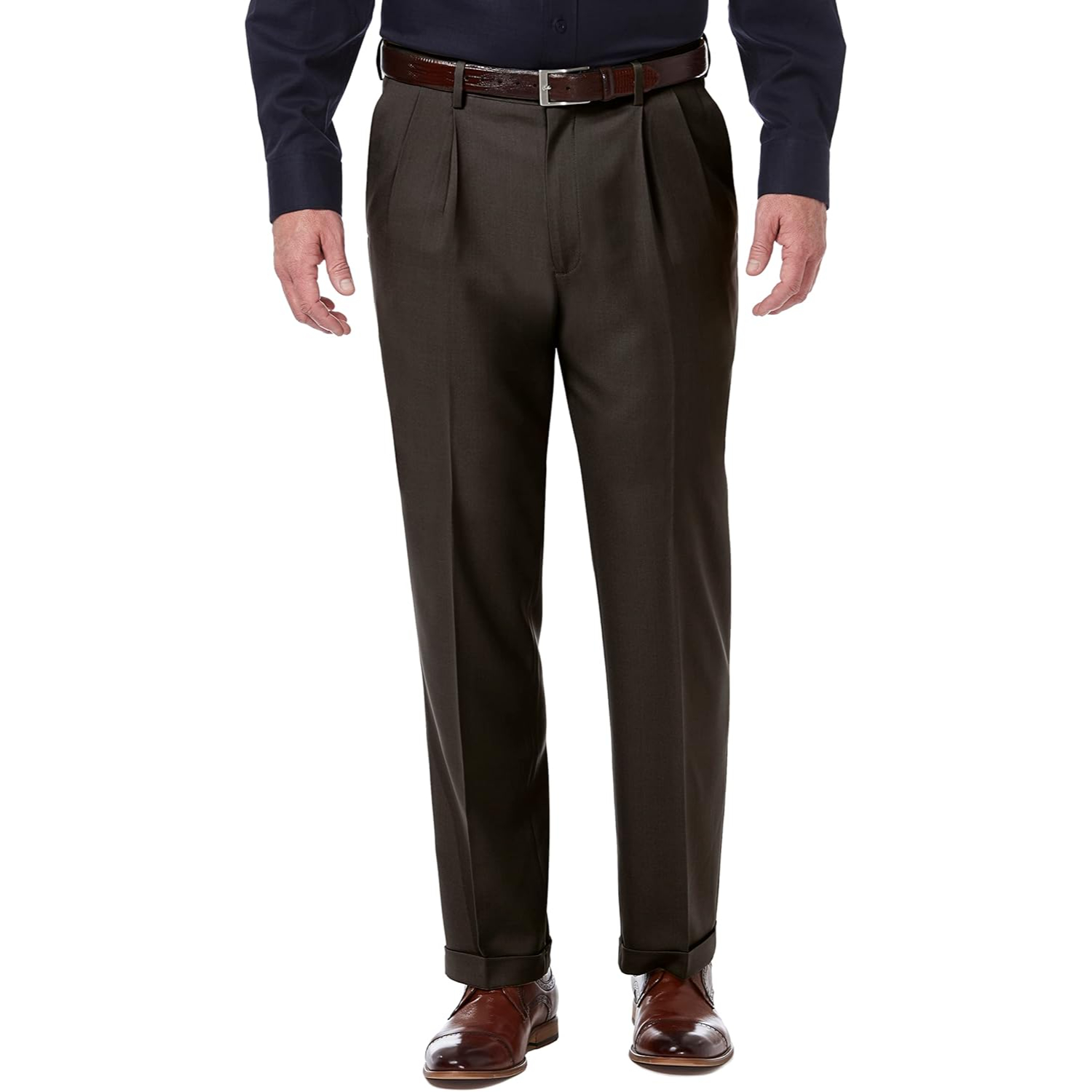 Classic Fit Pleated Dress Pants With Expandable Design For Men – full length outfit view