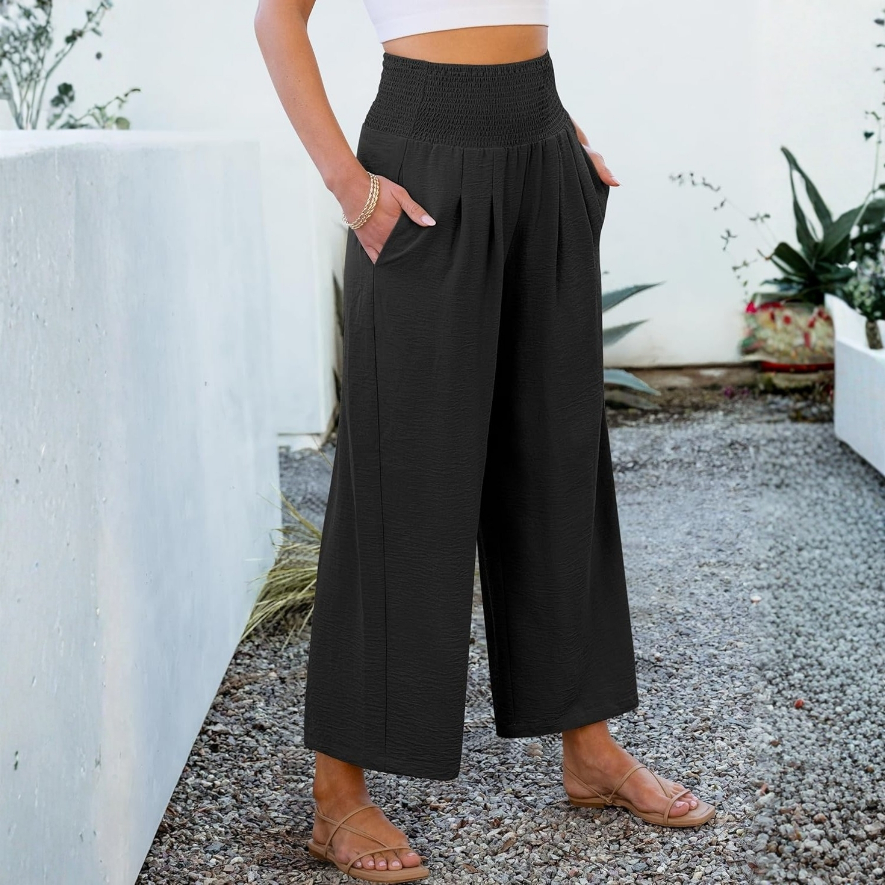 Summer Casual Flowy Palazzo Trousers For Women – pocket detail close-up