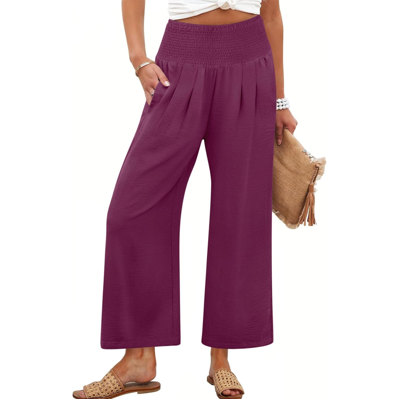 Summer Casual Flowy Palazzo Trousers For Women – model wearing view