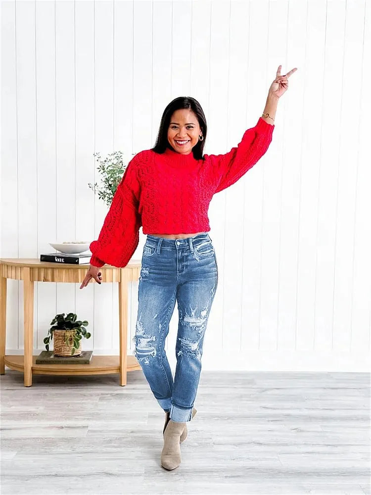 Tummy Slimming Cuffed Jeans With Textured FinishTummy Slimming Cuffed Jeans With Textured Finish - Image 5