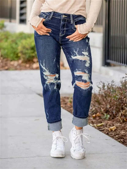 Tummy Slimming Cuffed Jeans With Textured Finish