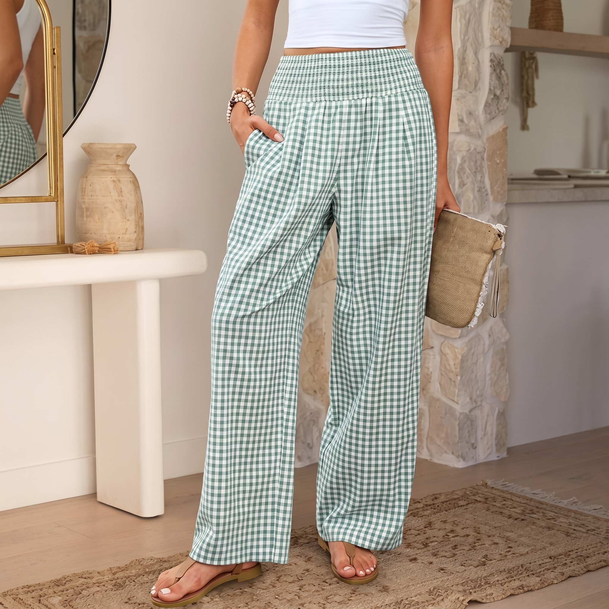 Striped And Gingham Lounge Casual Wide Leg Pants For Women