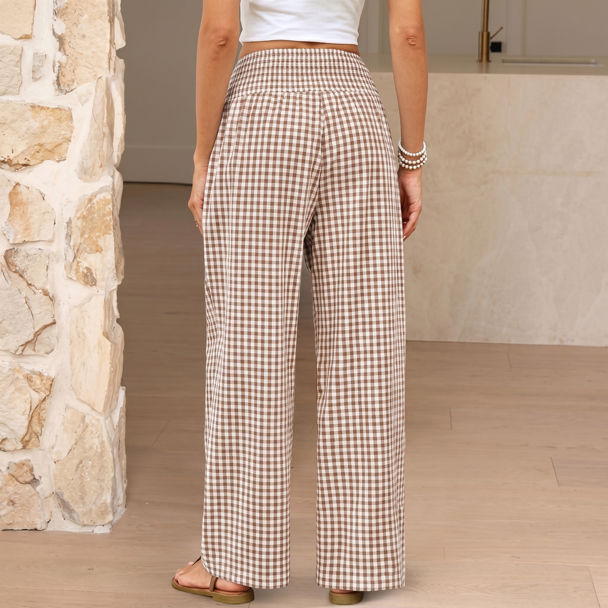 Striped And Gingham Lounge Casual Wide Leg Pants For Women