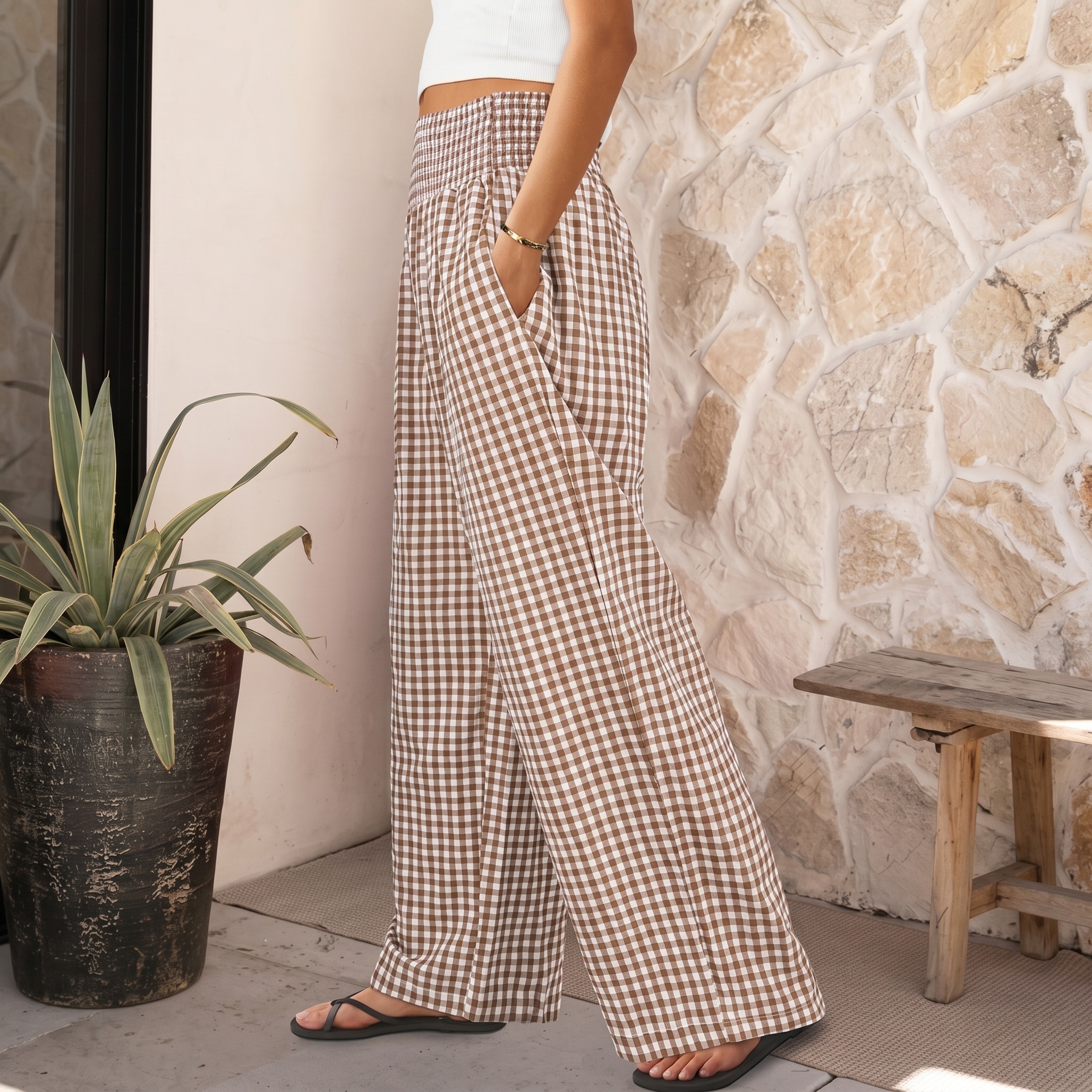Striped And Gingham Lounge Casual Wide Leg Pants For Women