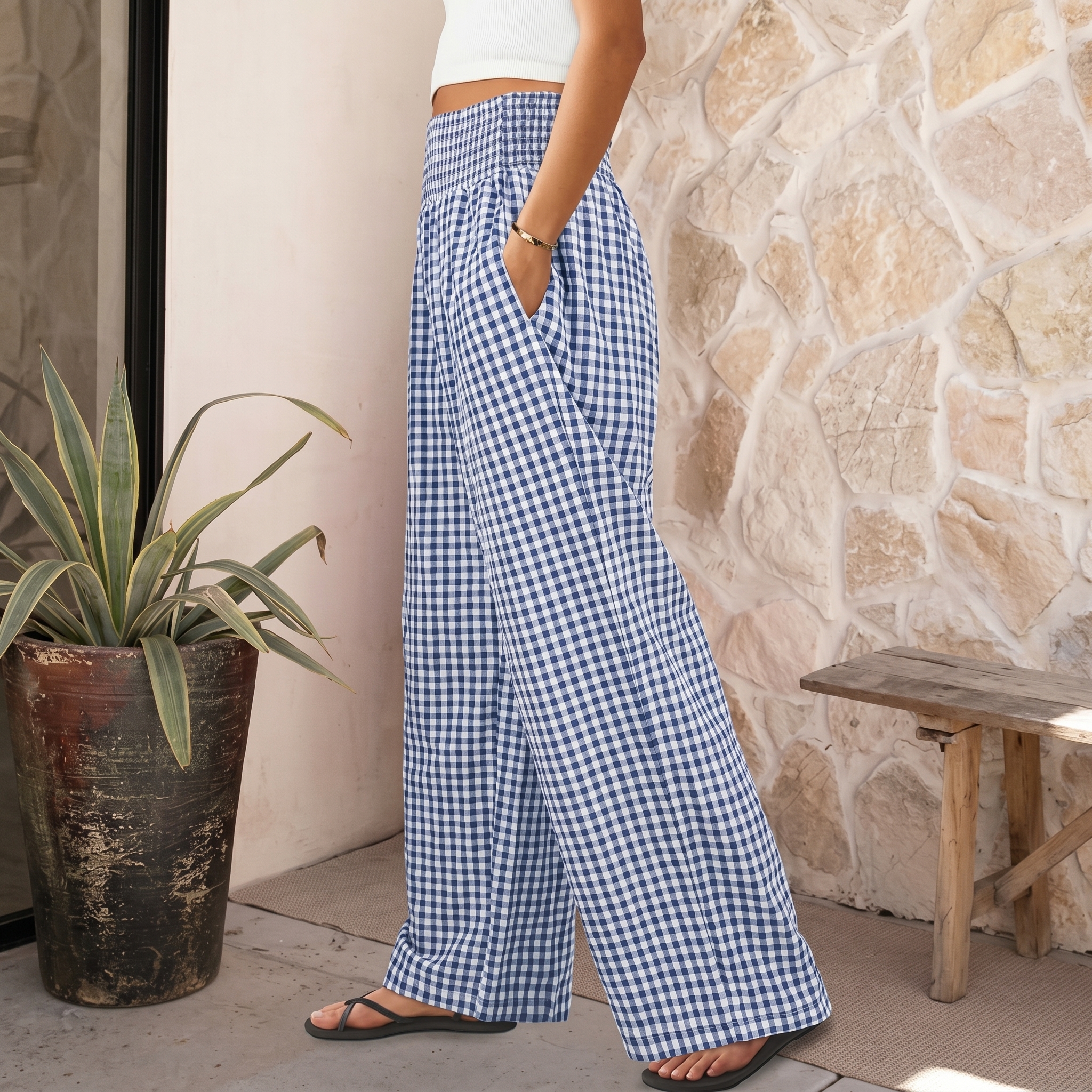 Striped And Gingham Lounge Casual Wide Leg Pants For Women