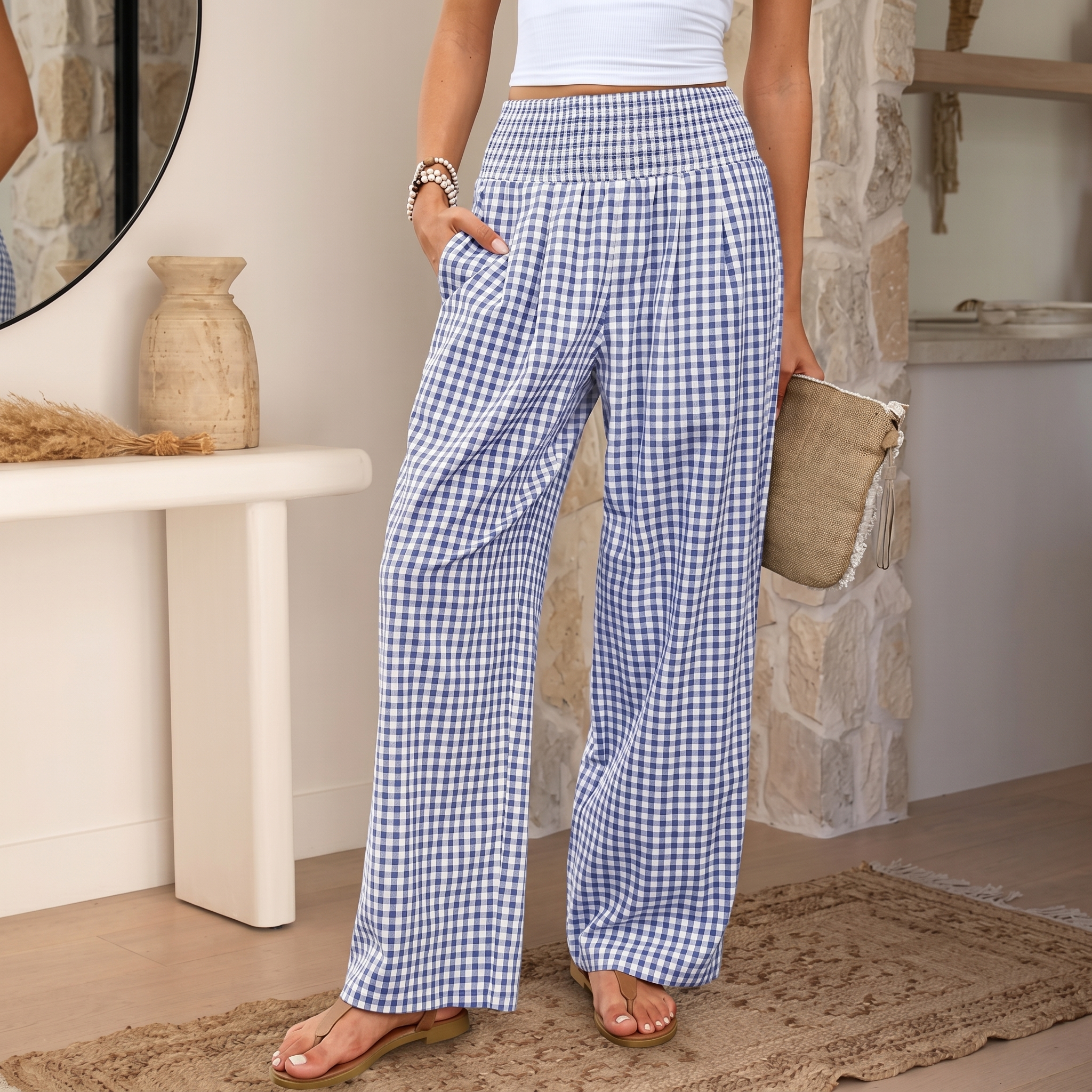 Striped And Gingham Lounge Casual Wide Leg Pants For Women